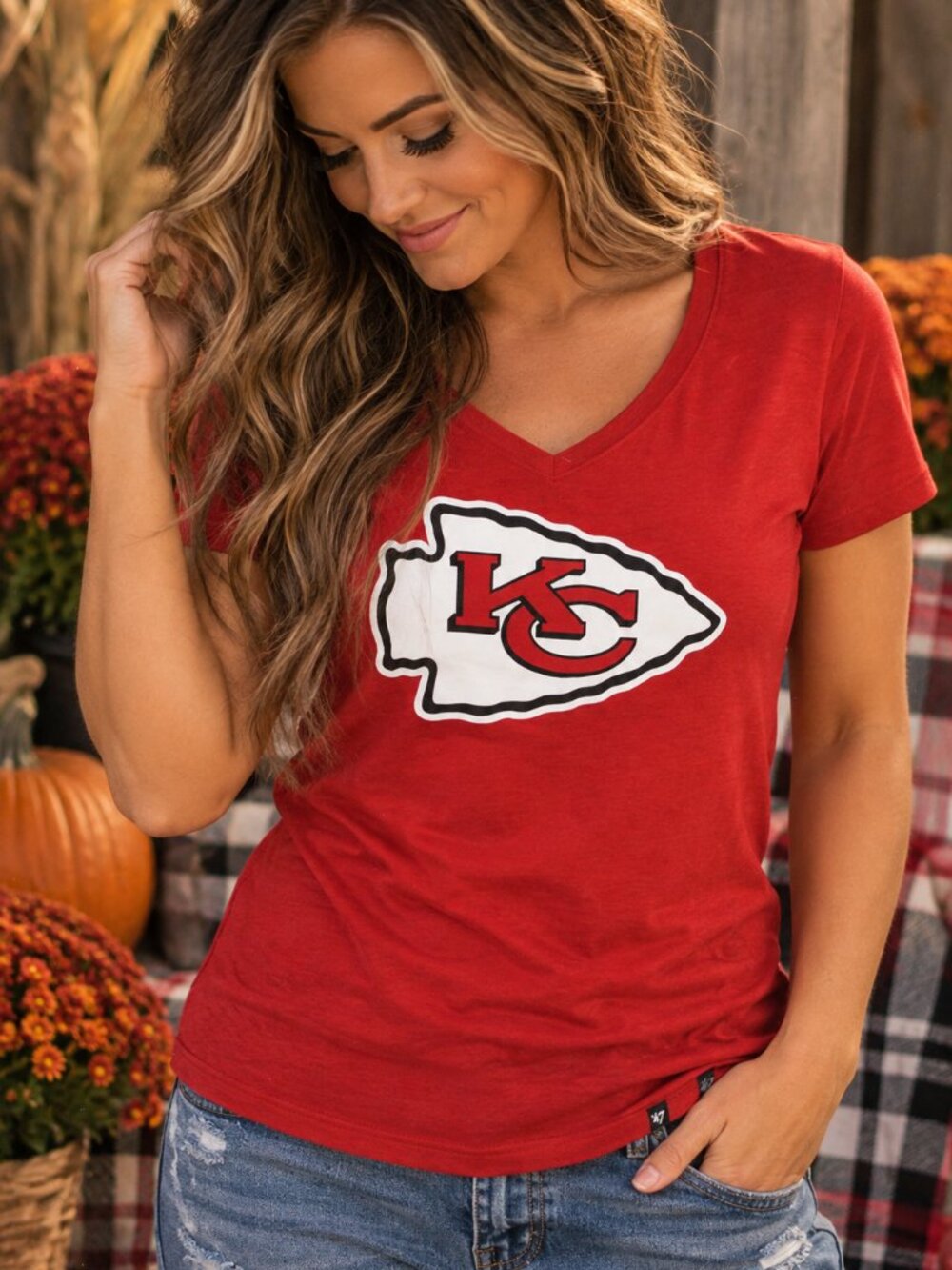 Kansas City Chiefs ’47 Brand Womens Large Red V Neck NFL T Shirt Tee 140